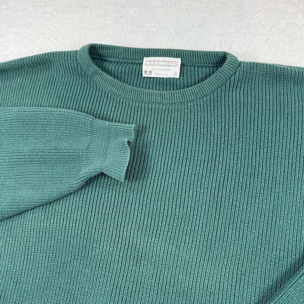 Lord Jeff Sweater Mens Size L Green Crew Neck Cotton Knit Pullover Made In USA